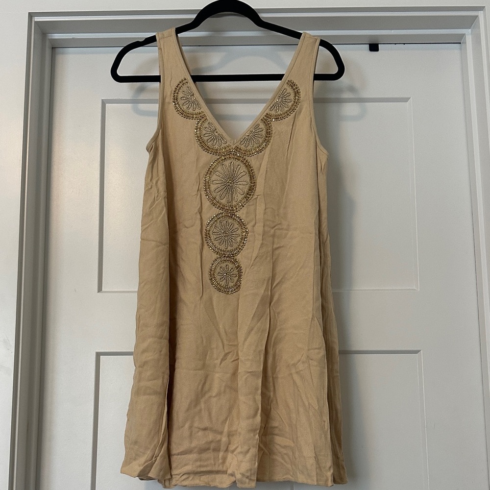 Beige Sleeveless Dress with Embroidery; Lilly Pulitzer size small
